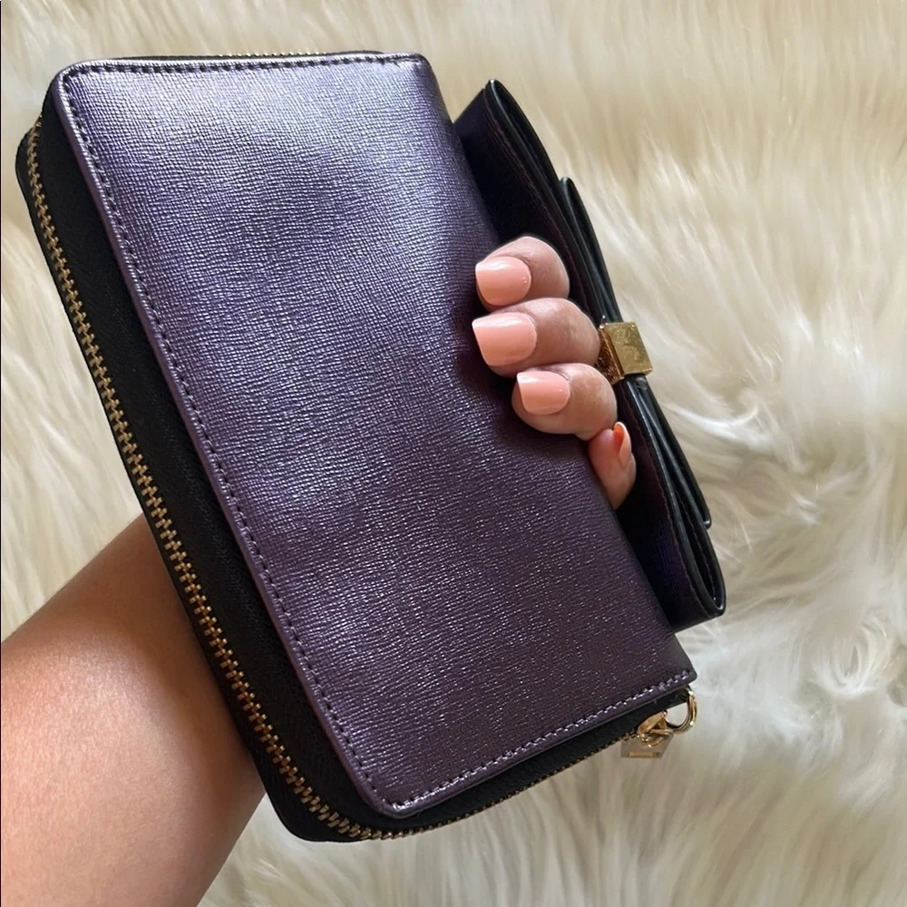 ALDO Purple Shimmer Wallet with Gold Hardware and Bow Detail
